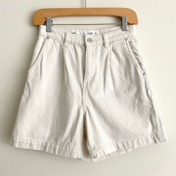 MANGO Regina Pleat Front High Rise Cotton Denim Short Cream - Picture 5 of 15